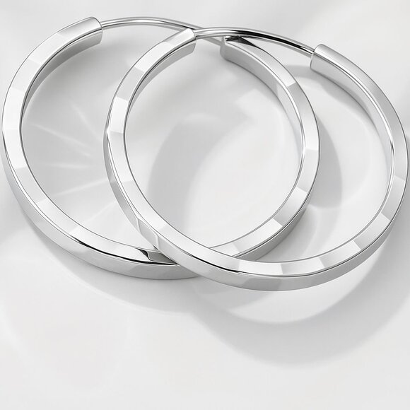 S925 Sterling Silver Hoop Earrings with Square Engraving, 29mm Minimalist Polish - Picture 5 of 5